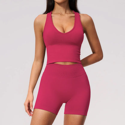 Seamless Gym Yoga Sets Women Breathable I-shaped Shock-absorbing Slim Sports Tank Top High Waist Shorts Training Fitness Suit