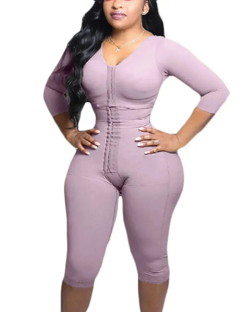 Women's Full Body Shapewear with Sleeves – Knee-Length Slimming Bodysuit with Butt Lifter & Front Hook Waist Trainer