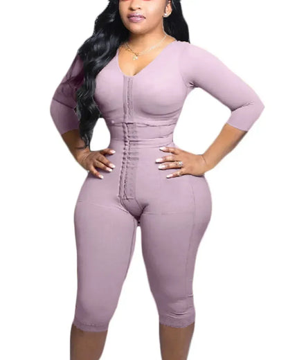 Women's Full Body Shapewear with Sleeves – Knee-Length Slimming Bodysuit with Butt Lifter & Front Hook Waist Trainer