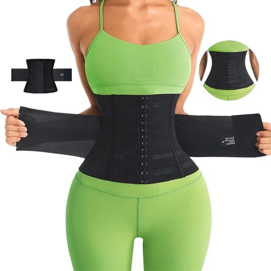 Person wearing a green sports bra and leggings with a black waist trainer, featuring 'HOOKZOOM' branding.