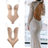 Backless Deep V-Neck Bodysuit Shapewear with Clear Straps & Push-Up Support