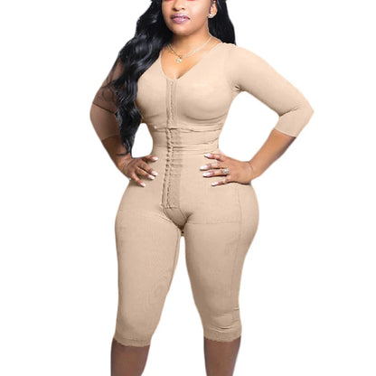 Women's Full Body Shapewear with Sleeves – Knee-Length Slimming Bodysuit with Butt Lifter & Front Hook Waist Trainer