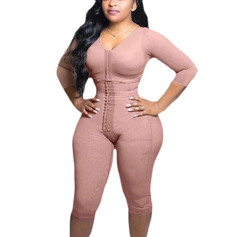 Women's Full Body Shapewear with Sleeves – Knee-Length Slimming Bodysuit with Butt Lifter & Front Hook Waist Trainer
