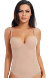Woman wearing a beige bodysuit with color options displayed on a white background