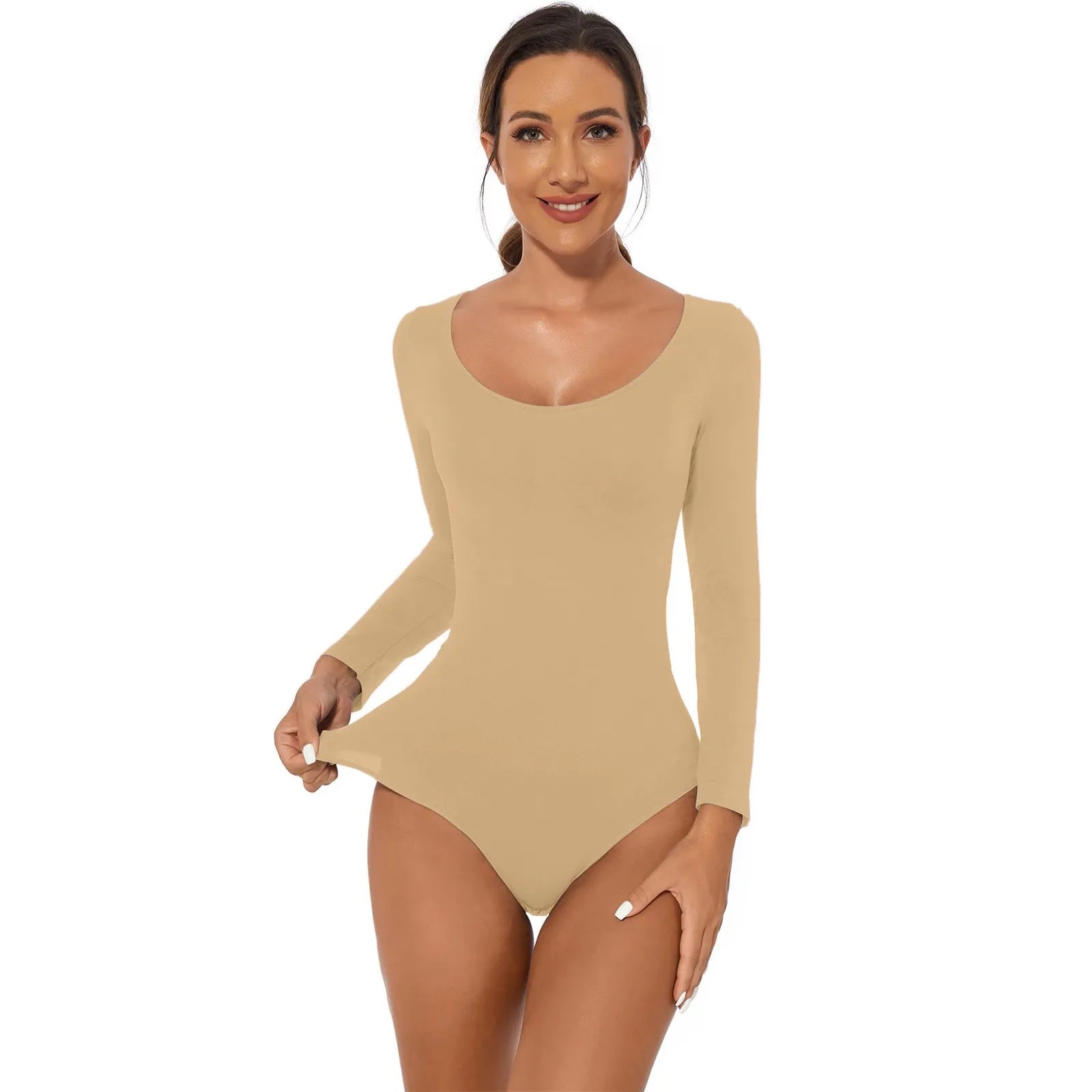 Women's Long Sleeve Thong Bodysuit – Light Control Shapewear with Waist Slimming & Breathable Stretch Fabric
