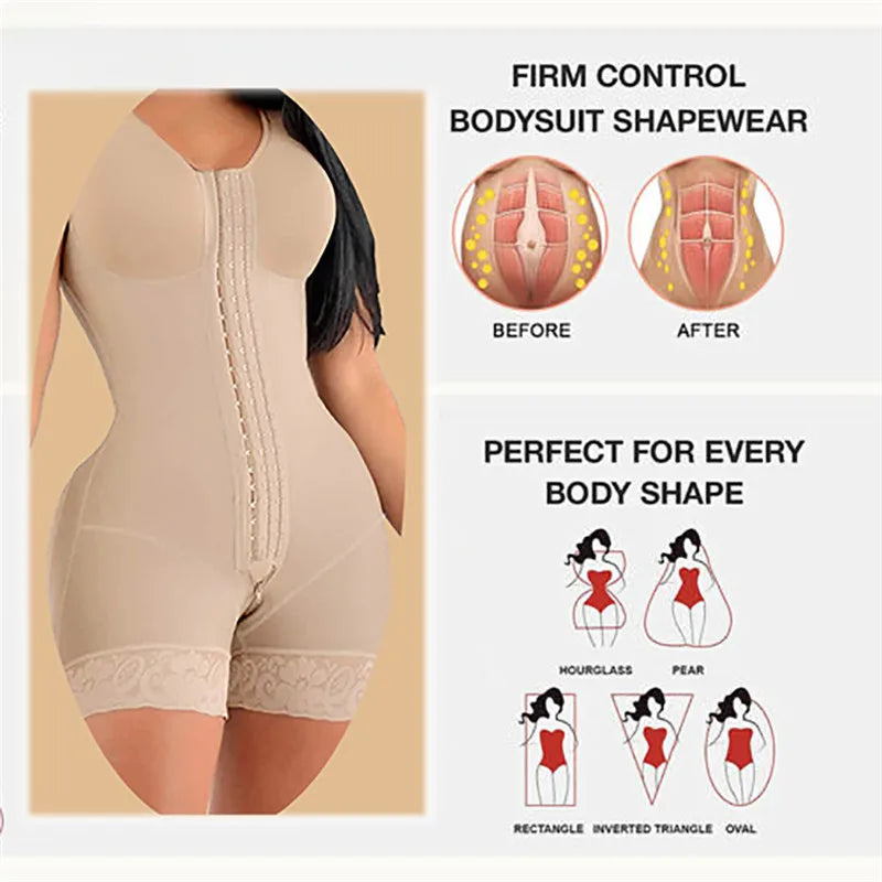 High Compression Fajas Bodysuit Shapewear with Bust Support & Lace – Post-Surgical & Daily Use