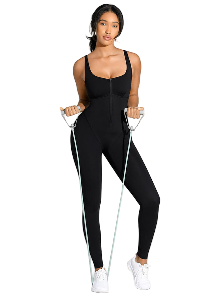 Women Fashion Zipper Front Slit Sports Sauna Jumpsuit