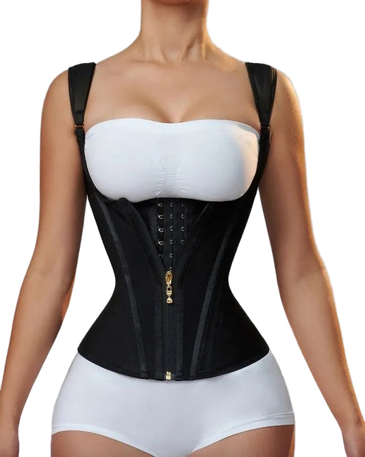Black waist trainer worn over a white top and underwear on a plain background