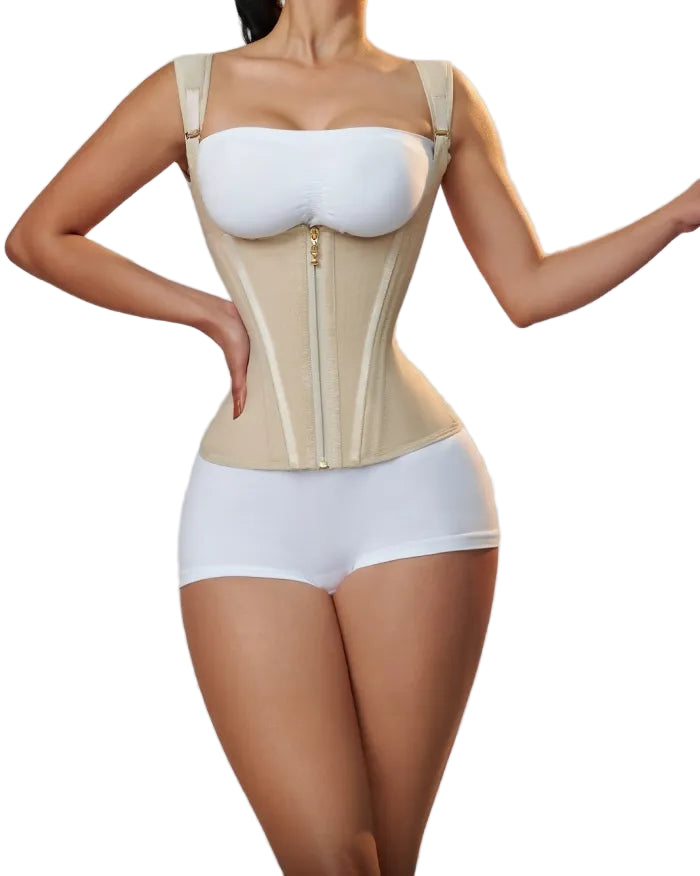 Woman wearing a beige body shaper over a white bra and underwear set on a gray background