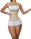 Woman wearing a beige body shaper over a white bra and underwear set on a gray background