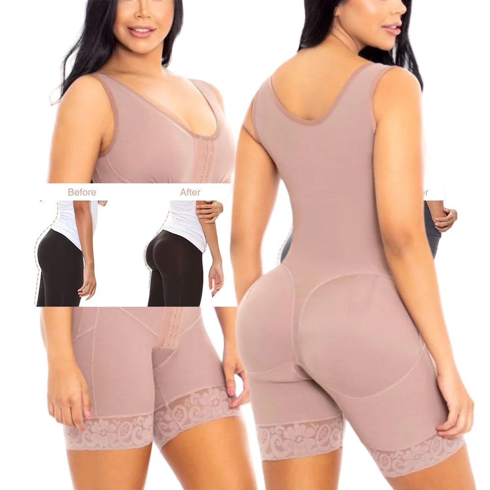 Woman wearing a beige shapewear garment with before and after comparison on a white background