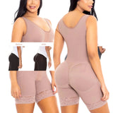 Woman wearing a beige shapewear garment with before and after comparison on a white background
