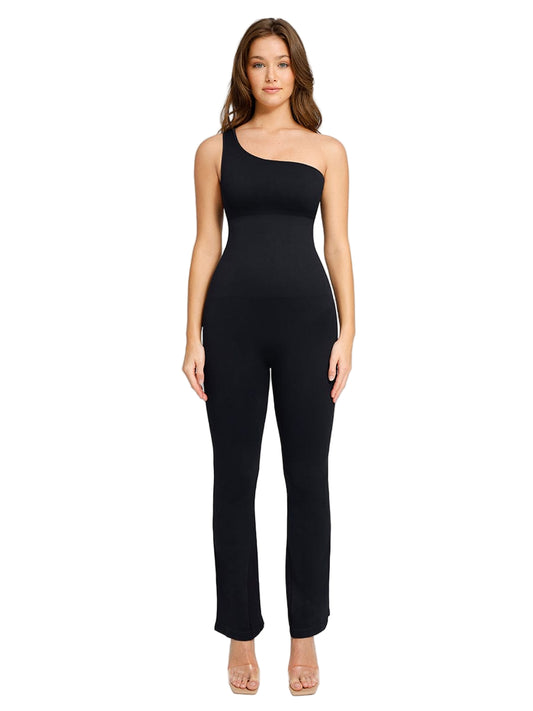 Women Seamless Sloped Shoulders Shaping Jumpsuit with Flared Legs