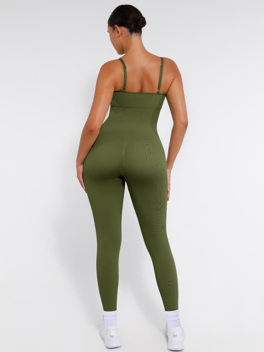 Ribbed bodycon jumpsuit with adjustable straps.