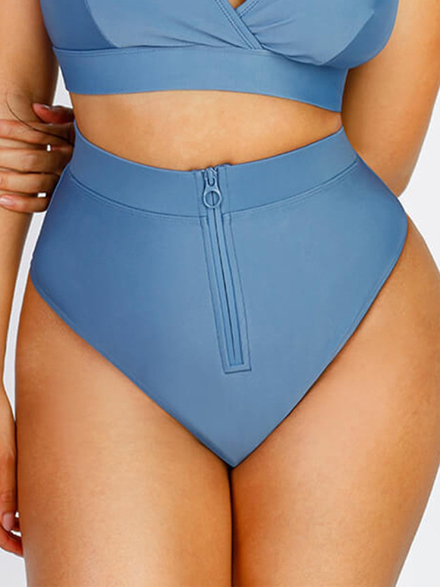 Zip Front Bikini Bottom – Waterproof Tummy Control High-Waist Swimwear