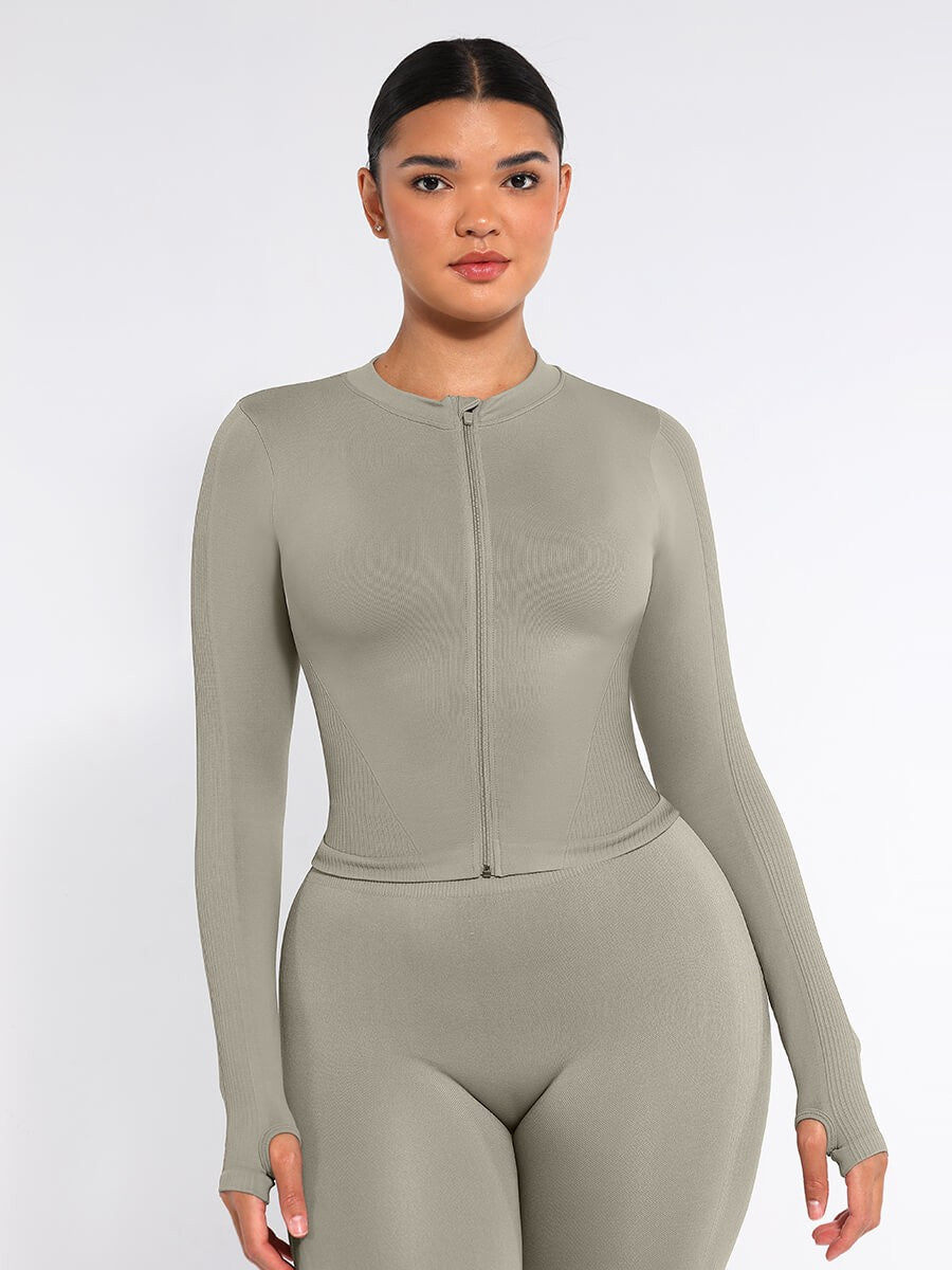 Seamless Front Zipper Waist Control Long Sleeve Top with Thumb Holes