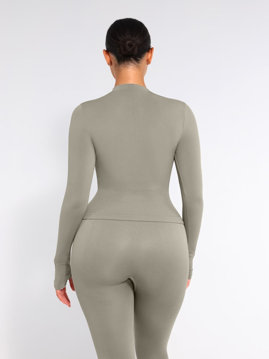 Seamless Front Zipper Waist Control Long Sleeve Top with Thumb Holes