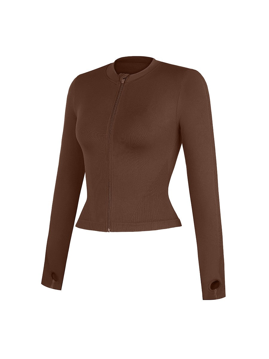 Seamless Front Zipper Waist Control Long Sleeve Top with Thumb Holes