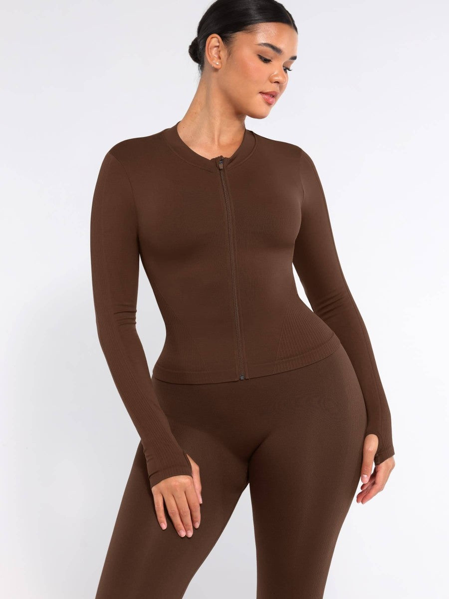 Seamless Front Zipper Waist Control Long Sleeve Top with Thumb Holes