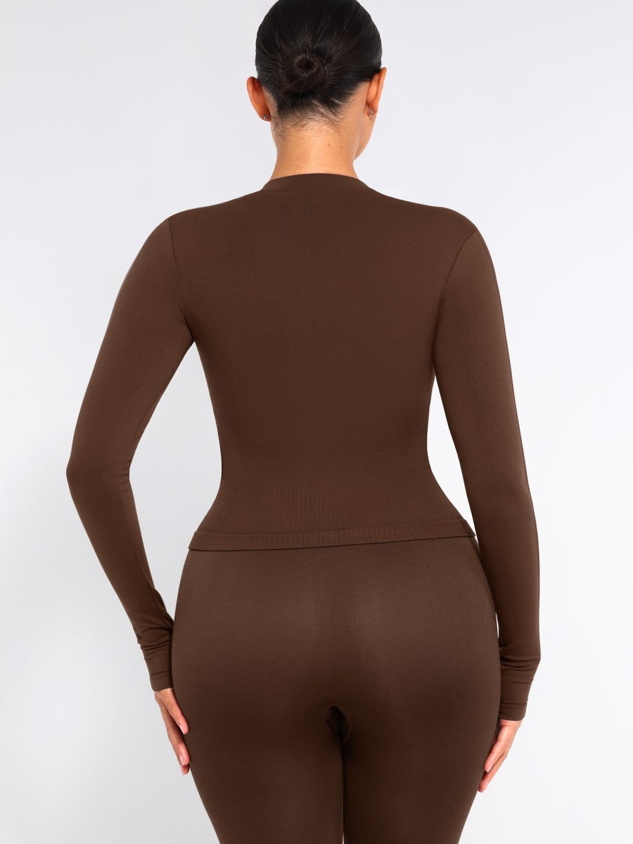 Seamless Front Zipper Waist Control Long Sleeve Top with Thumb Holes