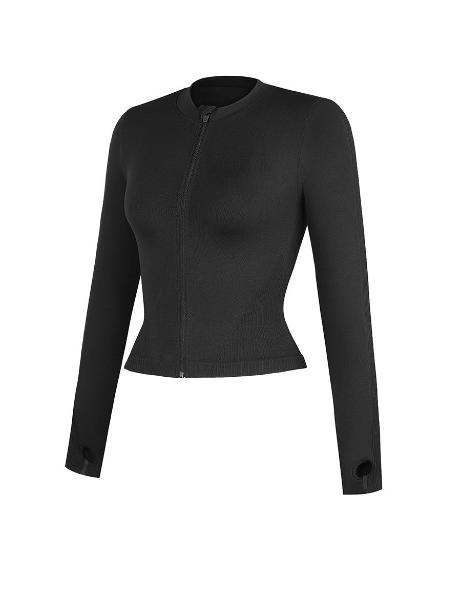 Seamless Front Zipper Waist Control Long Sleeve Top with Thumb Holes