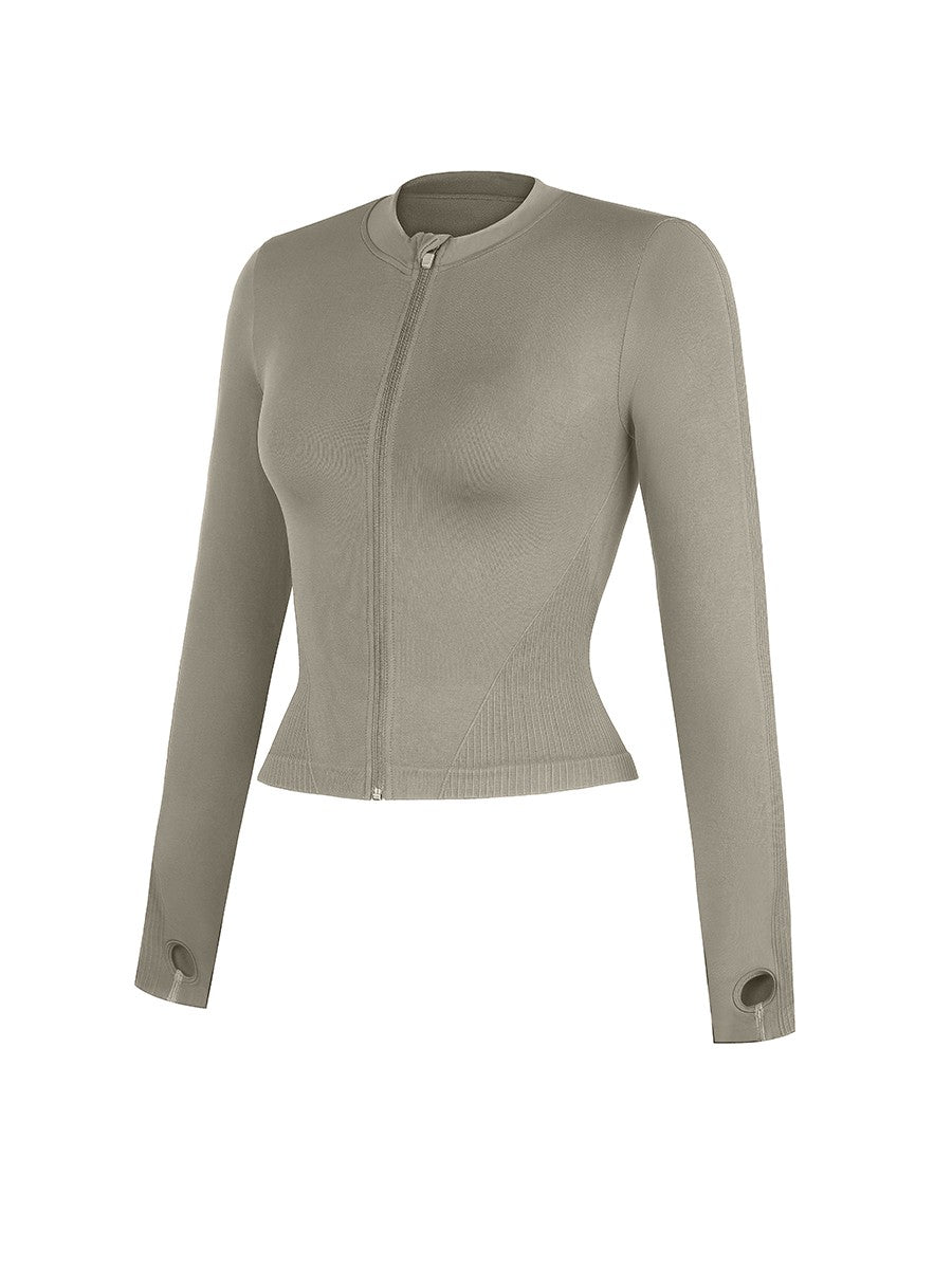 Seamless Front Zipper Waist Control Long Sleeve Top with Thumb Holes
