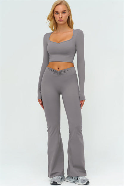 The Lushness Long Sleeve Crop Top Flared Leggings 2-Piece Set