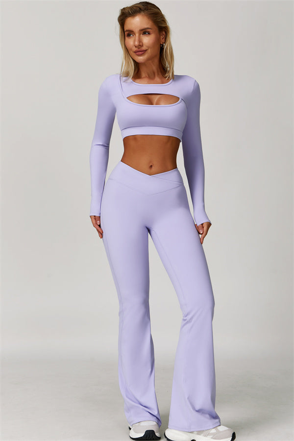 The Lavish Long Sleeve Cut-out Crop Top Flared Leggings 2-Piece Set