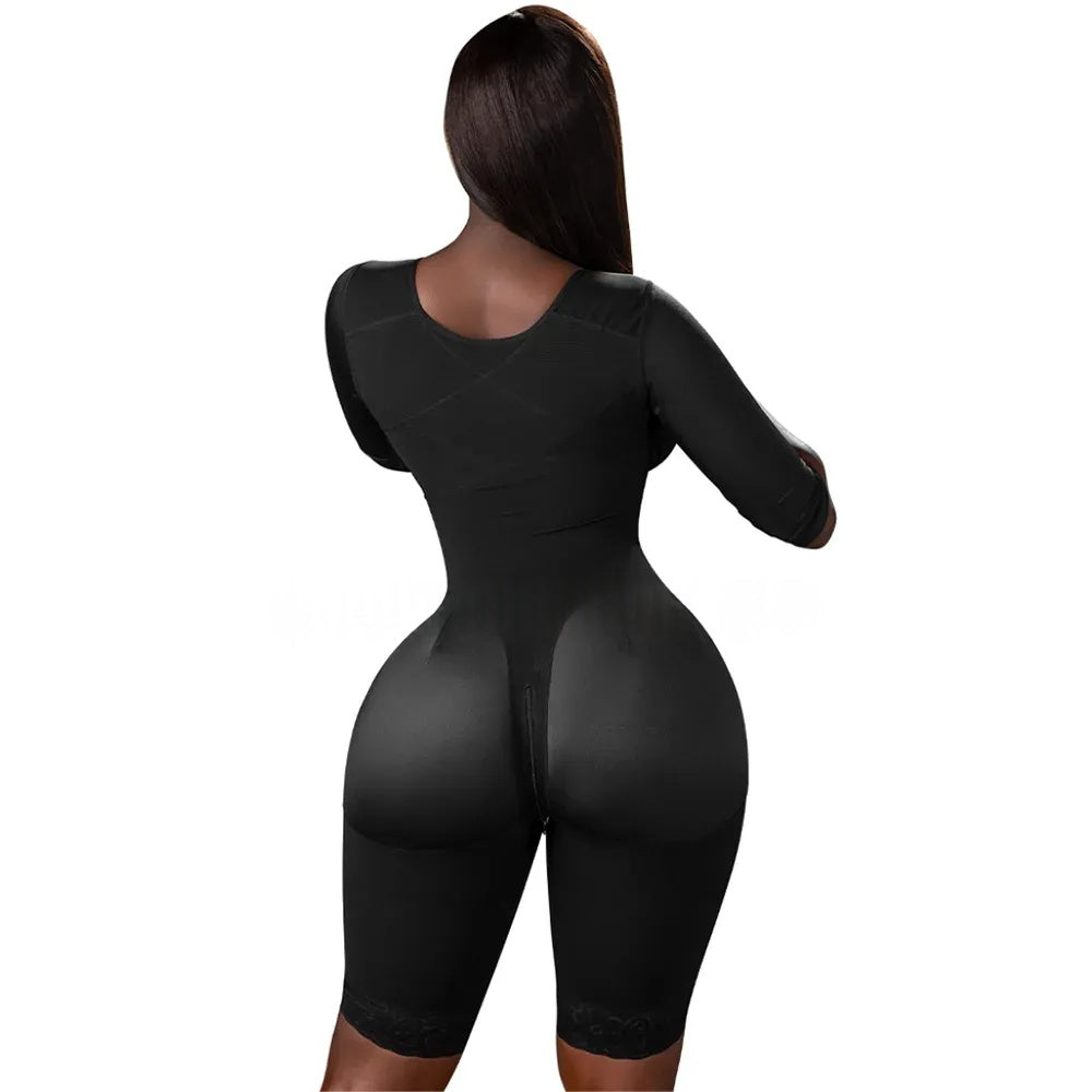 Black bodysuit worn by a model on a white background