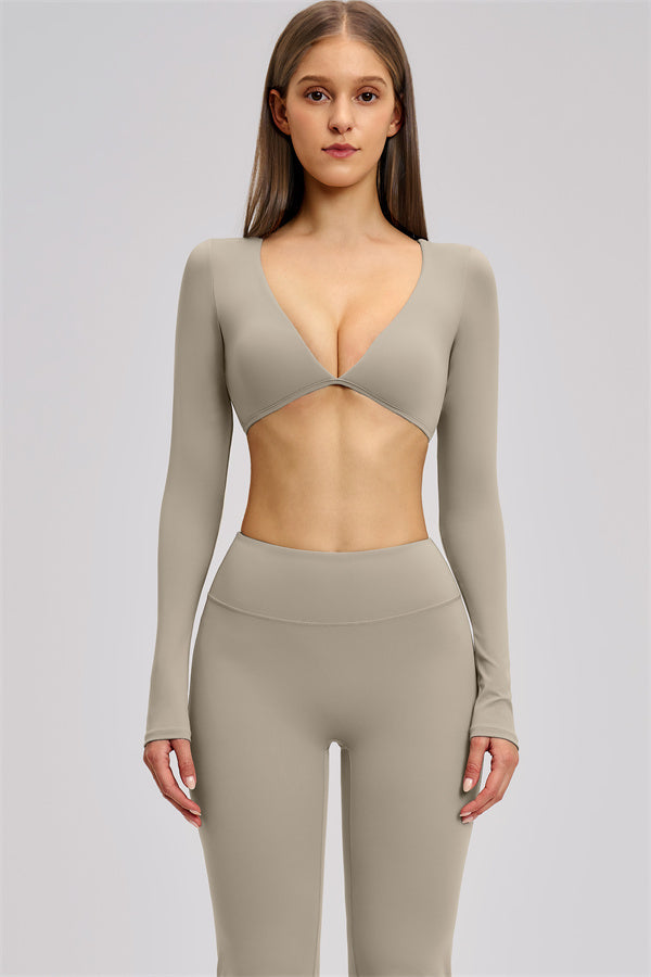 The Zestful Long Sleeve Crop Top Flared Leggings 2-Piece Set