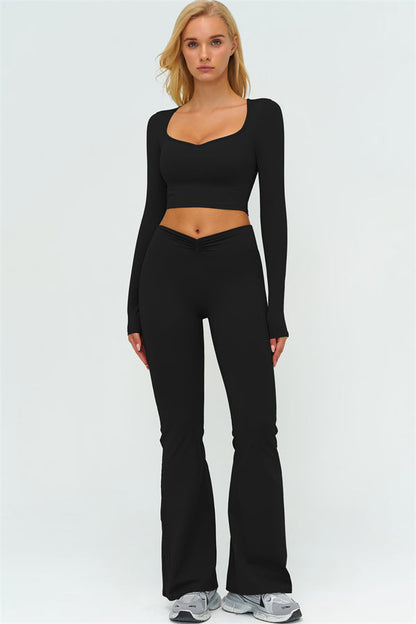 The Lushness Long Sleeve Crop Top Flared Leggings 2-Piece Set
