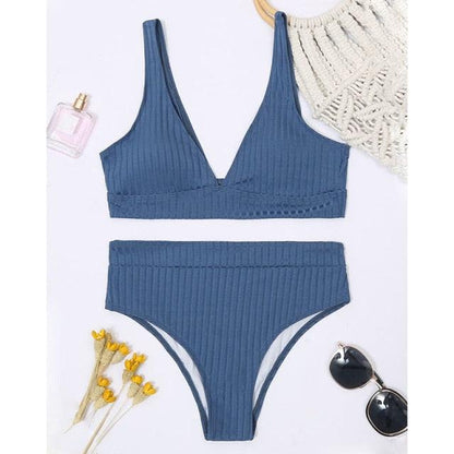 Bikini High Waist Swimwear Women's Swimsuits Push Up Ribbed Bathing Suits Black V-Neck Bikinis Set  High Waist Tummy Control Bathing Suits For Women Deep V Neck Black Comfortable Beachwear