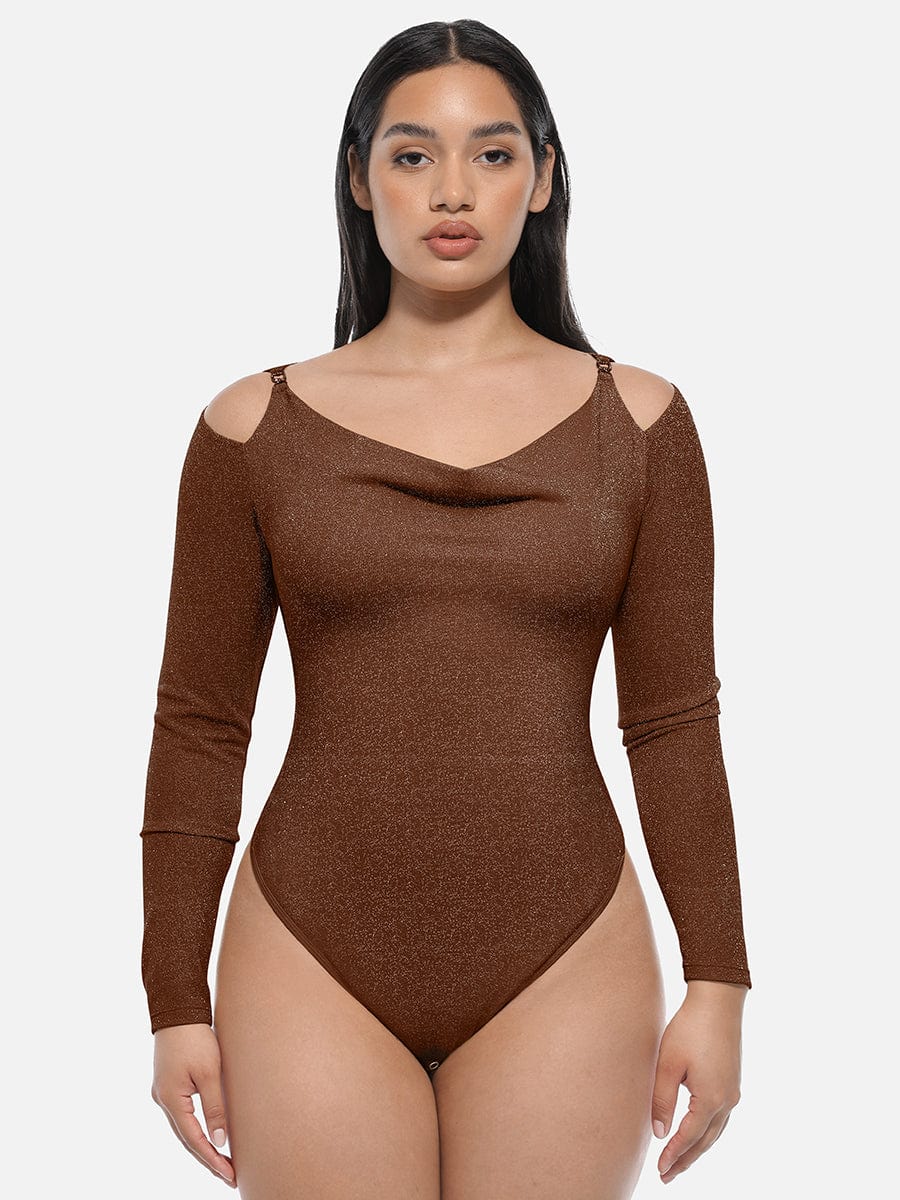 Shiny Draped-Neck All-in-One Shapewear Bodysuit