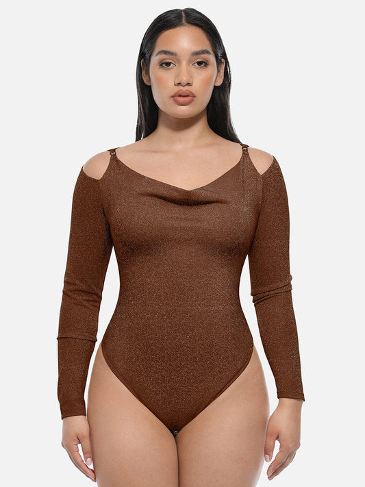 Shiny Draped-Neck All-in-One Shapewear Bodysuit
