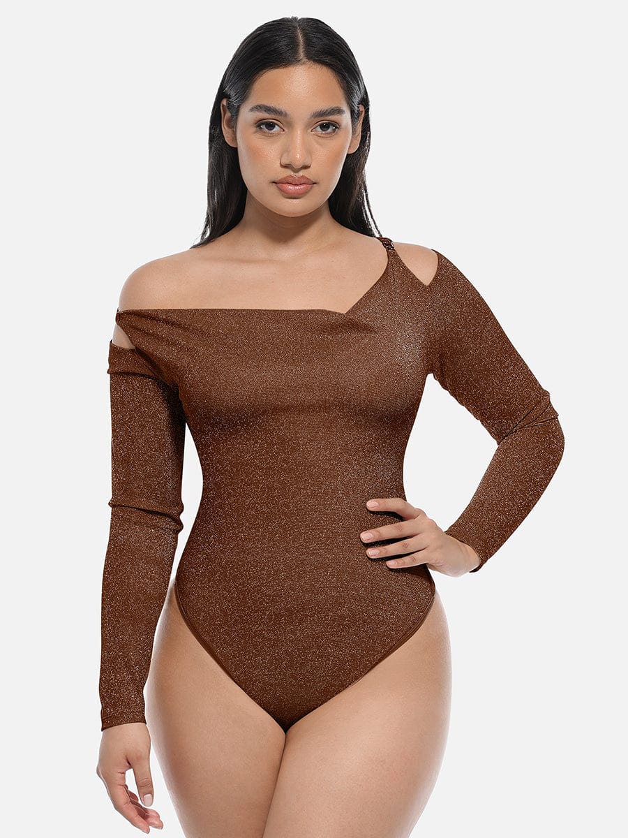 Shiny Draped-Neck All-in-One Shapewear Bodysuit