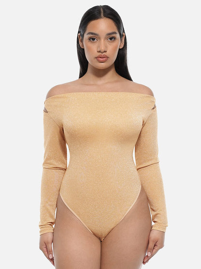 Shiny Draped-Neck All-in-One Shapewear Bodysuit