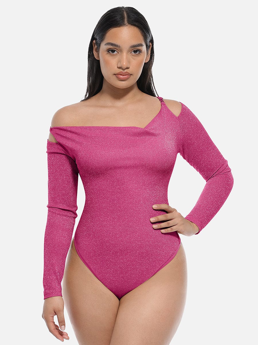 Shiny Draped-Neck All-in-One Shapewear Bodysuit