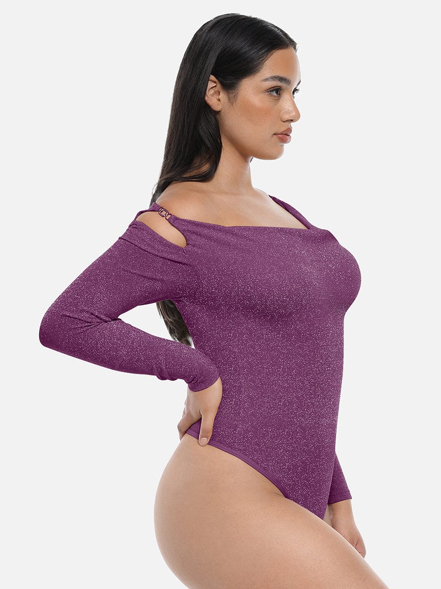 Shiny Draped-Neck All-in-One Shapewear Bodysuit