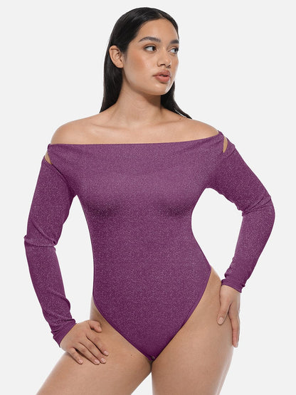 Shiny Draped-Neck All-in-One Shapewear Bodysuit