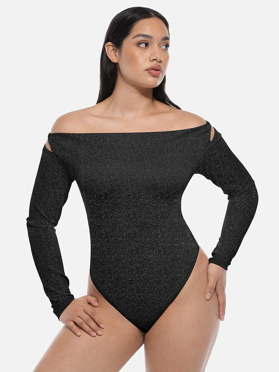Shiny Draped-Neck All-in-One Shapewear Bodysuit