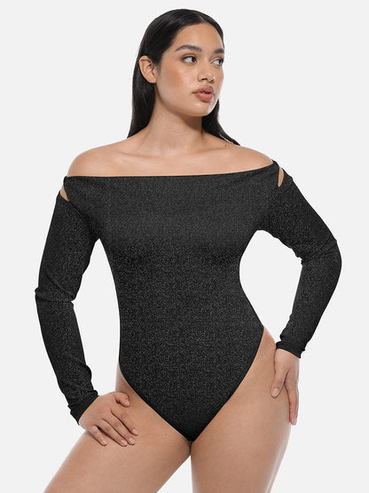 Shiny Draped-Neck All-in-One Shapewear Bodysuit