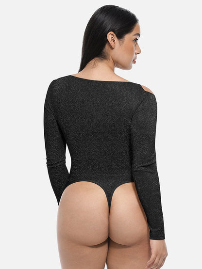 Shiny Draped-Neck All-in-One Shapewear Bodysuit