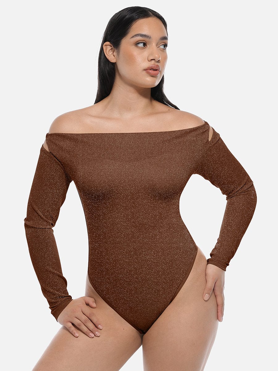 Shiny Draped-Neck All-in-One Shapewear Bodysuit