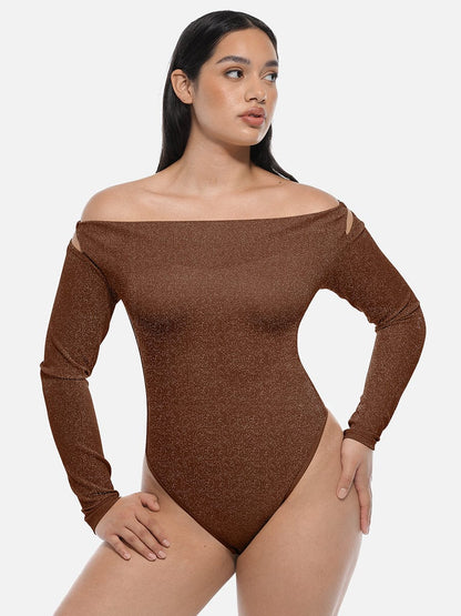 Shiny Draped-Neck All-in-One Shapewear Bodysuit