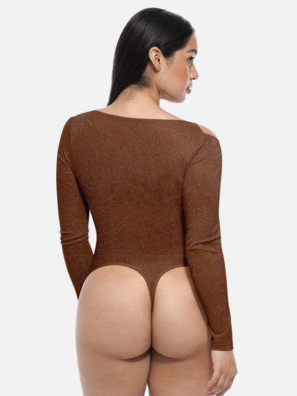 Shiny Draped-Neck All-in-One Shapewear Bodysuit