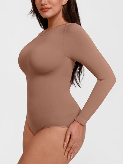 Seamless Crew-Neck Long-Sleeve Tummy Control Bodysuit