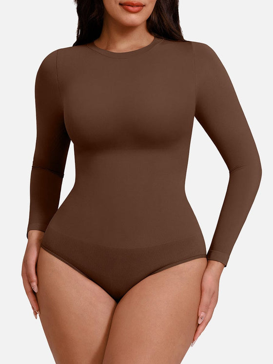 Seamless Crew-Neck Long-Sleeve Tummy Control Bodysuit