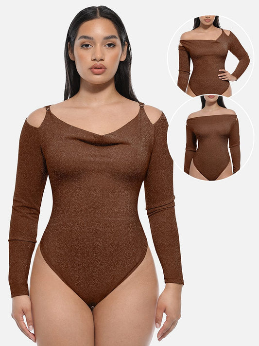 Shiny Draped-Neck All-in-One Shapewear Bodysuit