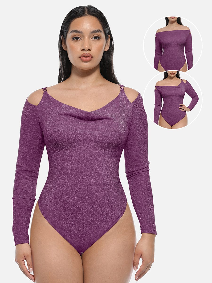 Shiny Draped-Neck All-in-One Shapewear Bodysuit