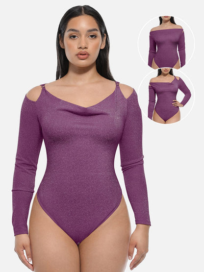 Shiny Draped-Neck All-in-One Shapewear Bodysuit